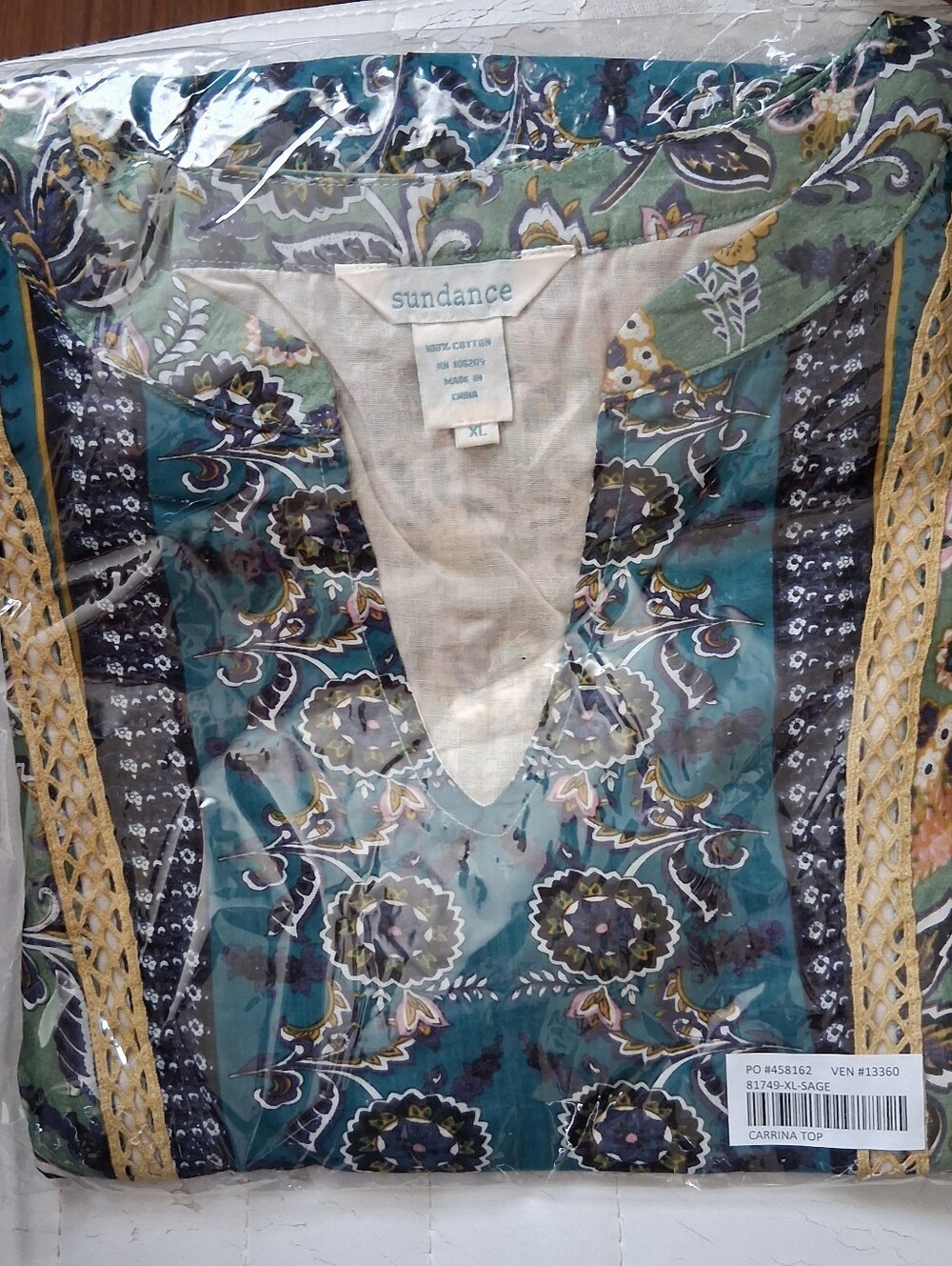 Sundance Green and Blue Floral Boho Peasant Blouse - Picture 3 of 5